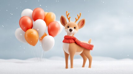 Festive Deer with Balloons in Winter Wonderland: Holiday Celebration and Cheerful Christmas Scene