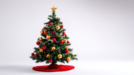 Festive Christmas Tree Adorned with Red and Gold Ornaments Against a Clean White Background