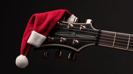 Festive Guitar Headstock Adorned with a Santa Hat, Christmas Musical Theme, Instrument Celebration