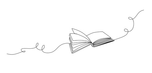 One continuous line drawing of Opened book. Education in school and library studying in simple linear style.Writing draft business in Editable stroke. Doodle vector illustration