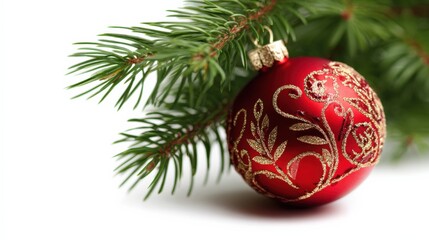 Festive Red Christmas Ornament with Golden Detail Hanging on a Fresh Evergreen Branch