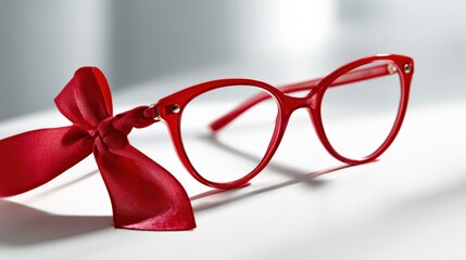 Stylish Red Eyeglasses with a Festive Red Ribbon, Perfect for Vision Correction and a Fashionable Accessory