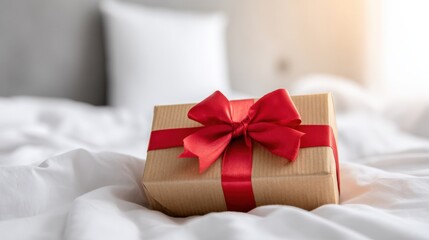 Elegant Gift Box with Red Ribbon on White Bedding, Perfect for Celebrations and Special Occasions