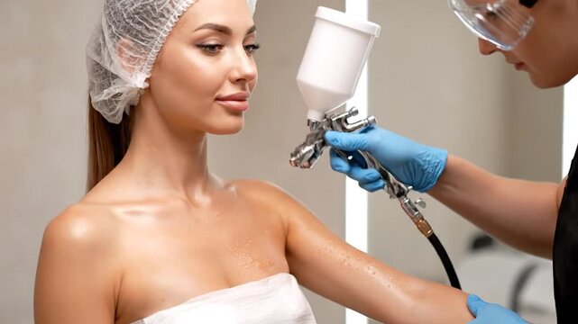 Woman Receiving Airbrush Tan Treatment From Technician With Spray Gun in Beauty Salon With Medical Safety Gloves and Hairnet for Cosmetic Beauty Promotion and Healthcare Advertisement