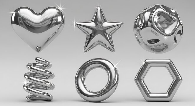 A collection of six metallic silver geometric shapes isolated on white background, including a heart, star, sphere, spring, ring, and hexagon, perfect for modern design elements