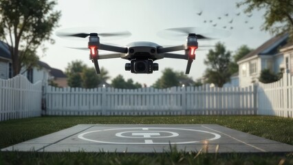 A drone hovers above a suburban backyard, ready to land