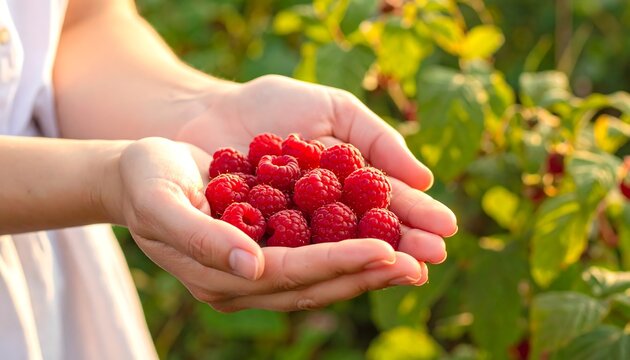 Hands cradle a vibrant cluster of fresh, red raspberries in sun