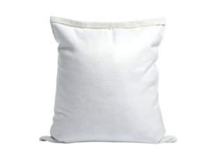 White, filled sack against a black background, with a fabric rim