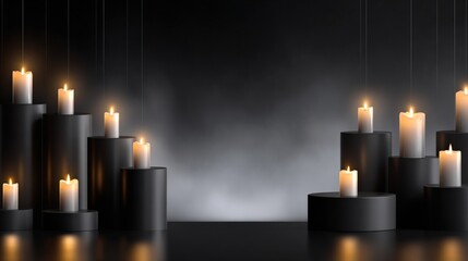Elegant Candlelight Display: Serene Ambiance with Lit Candles on Black Pedestals for Spa and Wellness Promotion