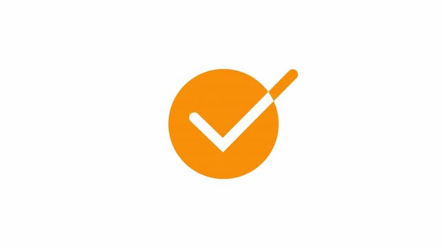 Animation of a white checkmark icon in a orange circle. On a white background. The checkmark, yes, or OK symbol is white in a orange circle.