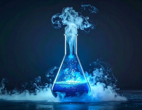 Erlenmeyer flask with glowing blue liquid and dense white chemical smoke in a dark lab.