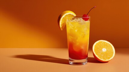 Refreshing Mixed Fruit Beverage with Cherry and Orange Garnish