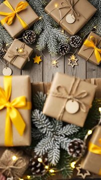 Festive holiday gift wrapping scene with rustic wooden background and yellow ribbons