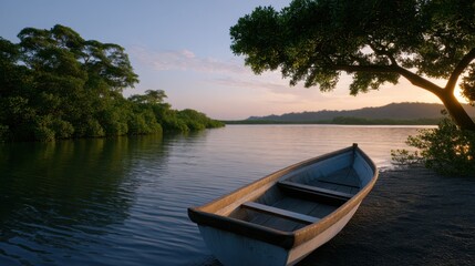 Tranquil Scene of a Wooden Boat Under Soft Light by the Water's Edge at Sunset