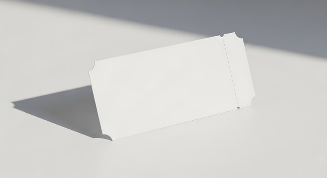 A blank white ticket sits on a clean white surface, bathed in soft light, offering a versatile template for events, promotions, or personalized messages isolated on white background