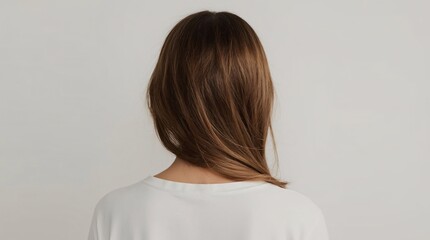Obraz premium Back view of a beautiful woman with stunning brown hair, perfect for hair care ads or beauty product marketing campaigns, showing healthy hair and neutral style