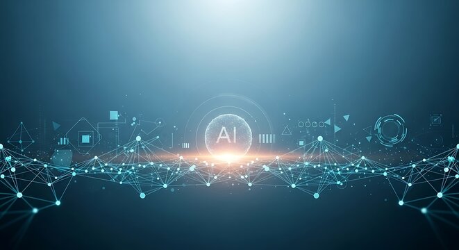 Futuristic digital cityscape with glowing artificial intelligence symbol