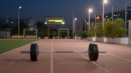 Floodlit Practice Arena with Timer Screen and Barbell at Dusk