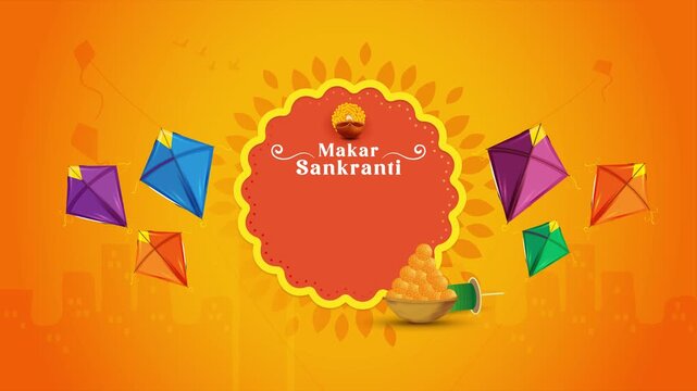 Happy Makar Sankranti! Have a blessed Makar Sankranti. May the bright colours of kites paint this day with smiles and joy for you and your loved ones-animated card and template.
