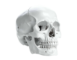 Obraz premium Rendered white anatomical human skull with eye sockets, nasal cavity, and teeth