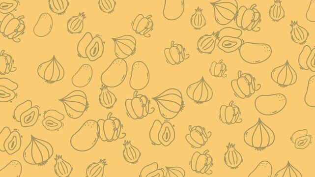 Fall harvest seamless pattern of pumpkin, avocados, onions, bell peppers, and potatoes ideal for autumn themed designs and food related projects. Vibrant and seasonal
