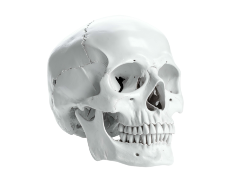Rendered white anatomical human skull with eye sockets, nasal cavity, and teeth