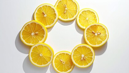 Circle Arrangement of Bright Yellow Lemon Slices on White Background with Stark Shadows