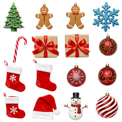 Fototapeta premium Collection of festive christmas ornaments and decorations isolated isolated on transparent background