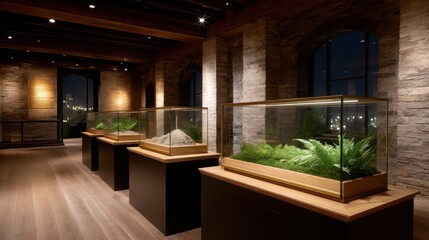 Intricate Display of Fossilized Flora and Fauna Encased in Elegant Glass Domes