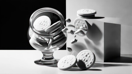 A glass bowl overflowing with cookies, dramatic lighting