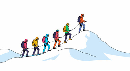 A team of six mountaineers roped together, ascending a snowy mountain peak, demonstrating teamwork and adventure.
