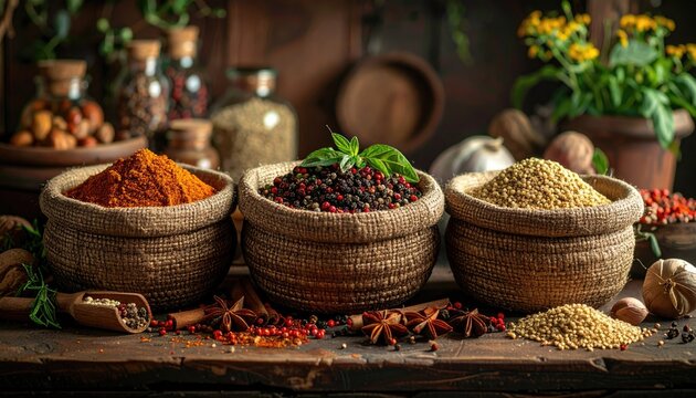 Three woven baskets filled with colorful spices including paprika cumin and peppercorns on a rustic wooden table with blurred background and natural lighting