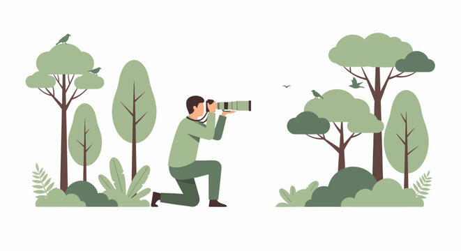A person kneeling in a lush green forest, using a telephoto lens to photograph birds perched on trees.