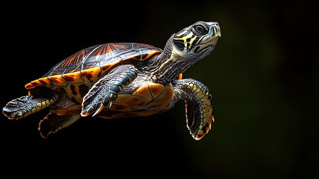 Close up view of a detailed vibrant aquatic turtle with intricate patterns and striking markings swimming gracefully against a dark background