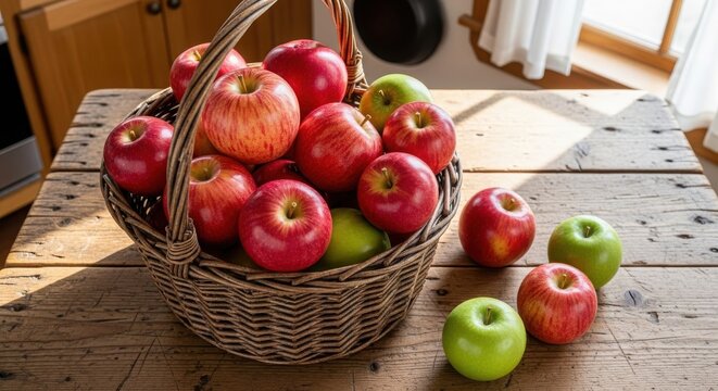 Woven basket overflowing with ripe red and green apples on a rustic wooden table
