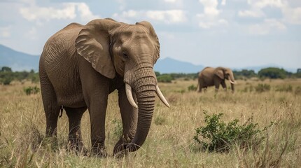 Obraz premium Majestic elephants roam freely across the sprawling African savanna, embodying the spirit of wildlife conservation and the beauty of the natural world