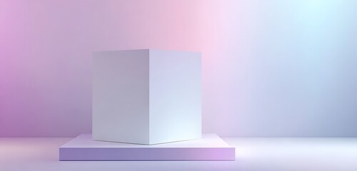 A minimalistic podium with clean edges, placed against a soft-focus abstract background with soft hues of pink and purple