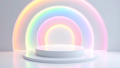 虹色のライトが輝く近未来的な円形ステージとパステルカラーの背景デザイン