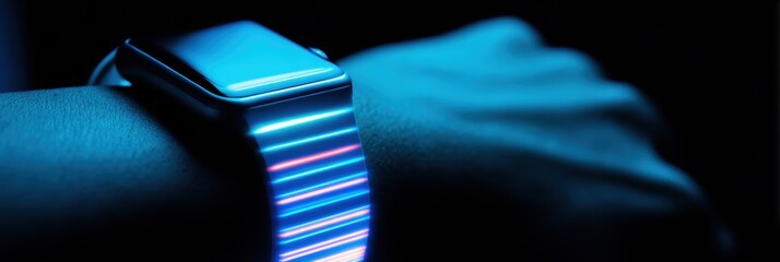 A wristwatch with vibrant LED light patterns shines brightly on a persons wrist in a dimly lit setting, showcasing colorful luminance that catches the eye.