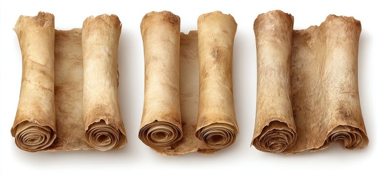 Four antique scrolls, light brown, rolled, on a white background
