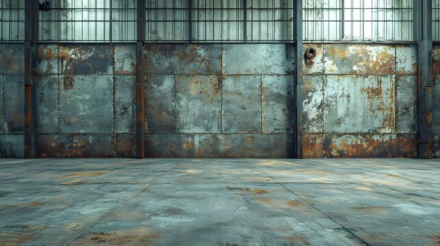 Empty industrial warehouse interior with rusted metal walls and concrete floor