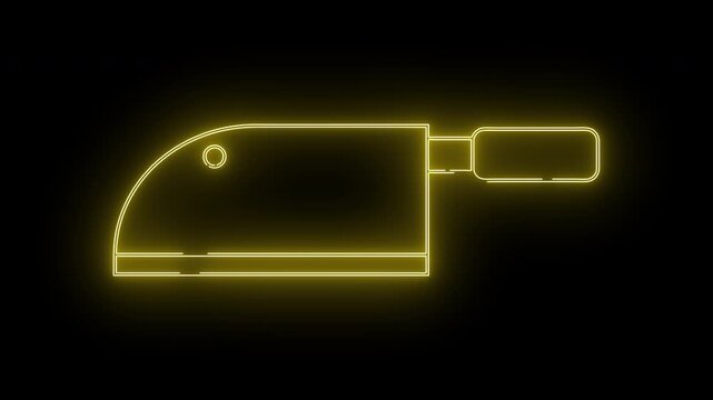 A yellow neonstyle outline of a meat cleaver on a black background