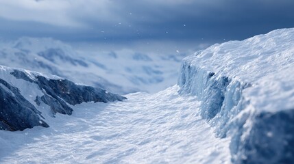 Fototapeta premium Stunning Glacier Ledge with Snow and Stormy Skies During Rising Winds and Swirling Conditions