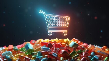 A glowing shopping cart icon hovers above a mountain of colorful items