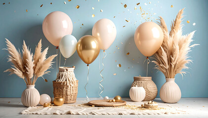 Elegant boho celebration background with beige and gold balloons, pampas grass, vases, and confetti. Modern minimalist party decor.