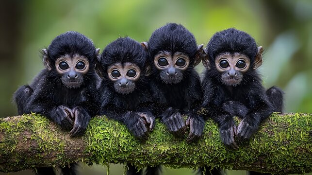 Four adorable baby monkeys sit closely together on a moss covered branch in a lush jungle environment