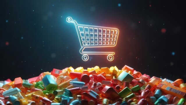 A glowing shopping cart icon hovers above a mountain of colorful items