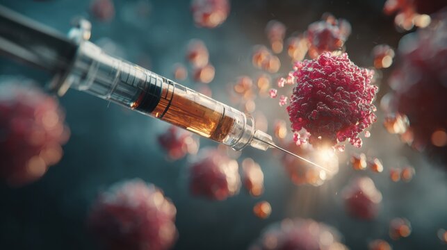 A syringe injects a vaccine while vibrant virus particles float around, emphasizing the critical role of vaccinations in disease prevention and health. - Powered by Adobe