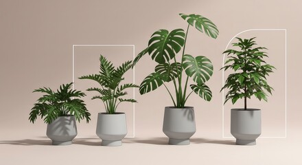 Various potted plants on neutral background for home decor and design projects