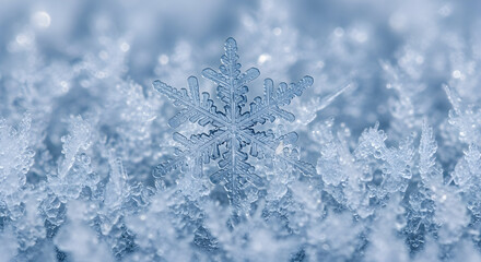 Stunning Macro Shot of a Perfect Snowflake Crystal Surrounded by Tiny Ice Formations